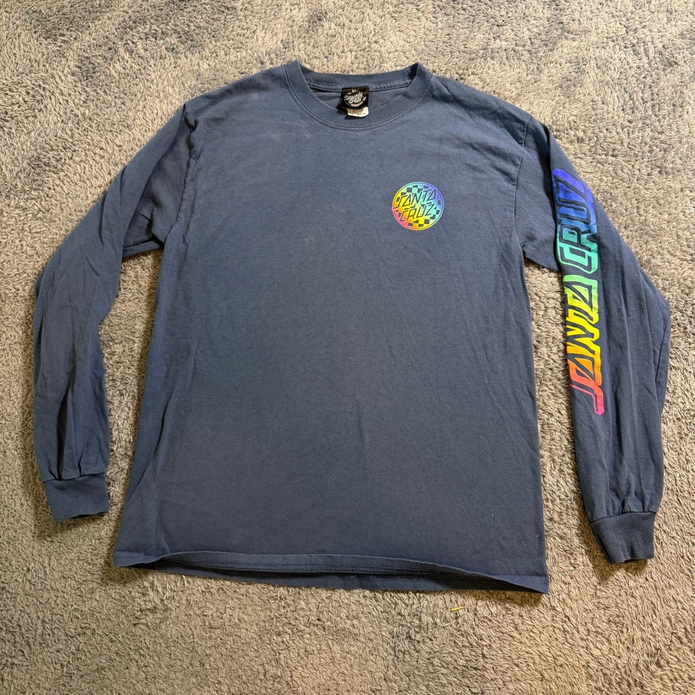 Santa Cruz Long Sleeve Shirt Medium Blue Rainbow Checkerboard Dot Logo Skate Tee